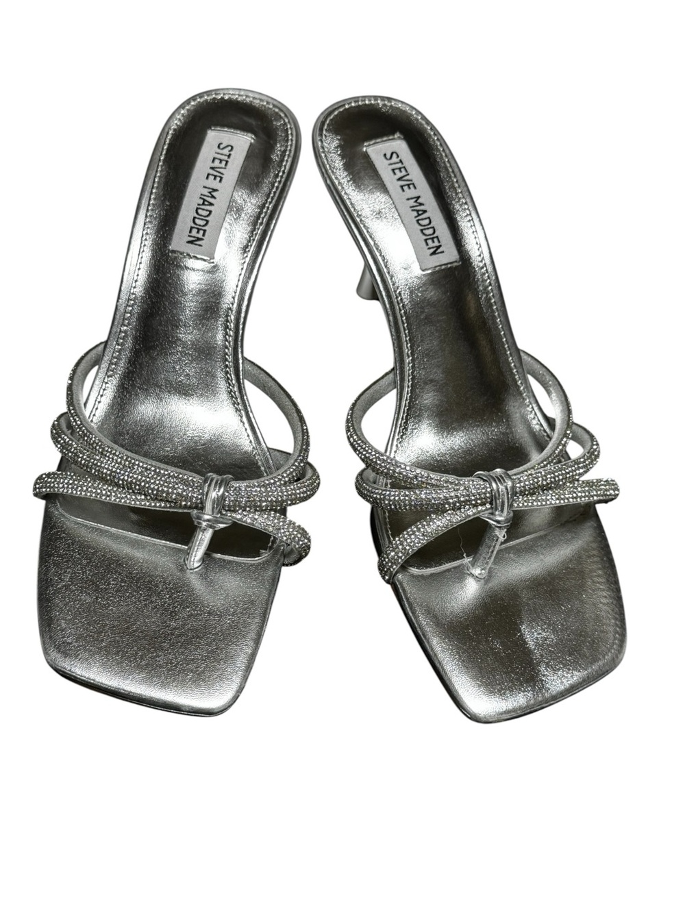 Steve Madden Silver Rhinestone Knotted Strappy Kitten Heel Mule Sandal Size 7.5 - Picture 2 of 9